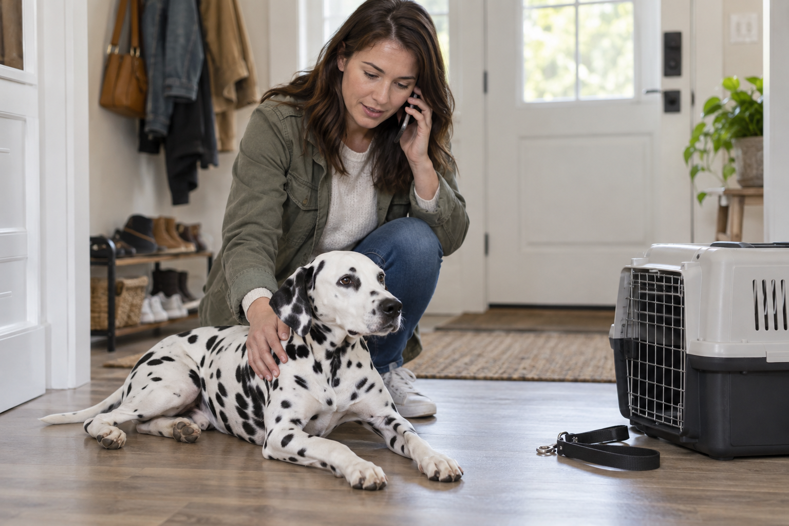 Majiteľka telefonuje veterinárovi pri dalmatínovi a obale výrobku